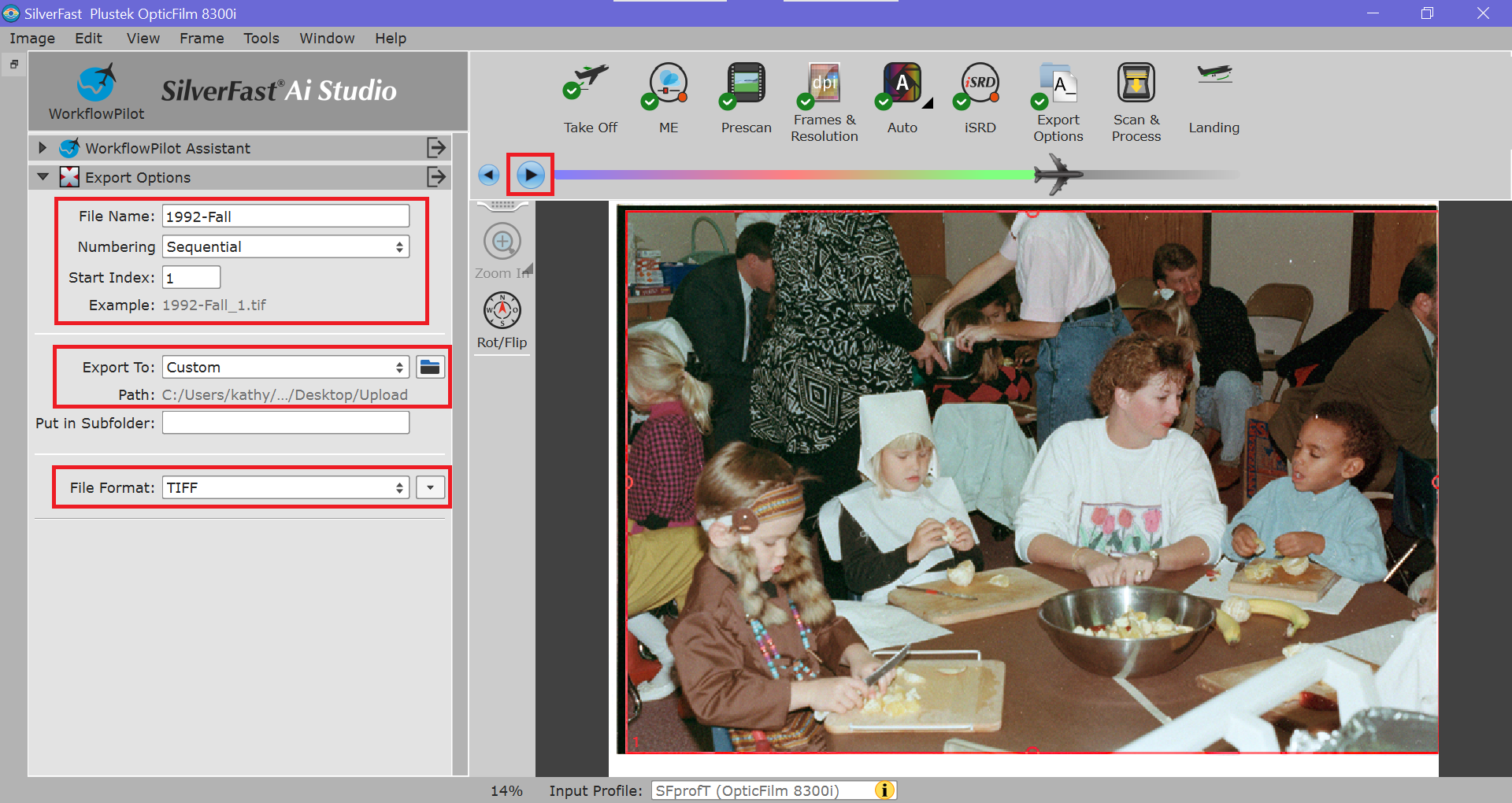 Configure Export Options for saving scanned photos